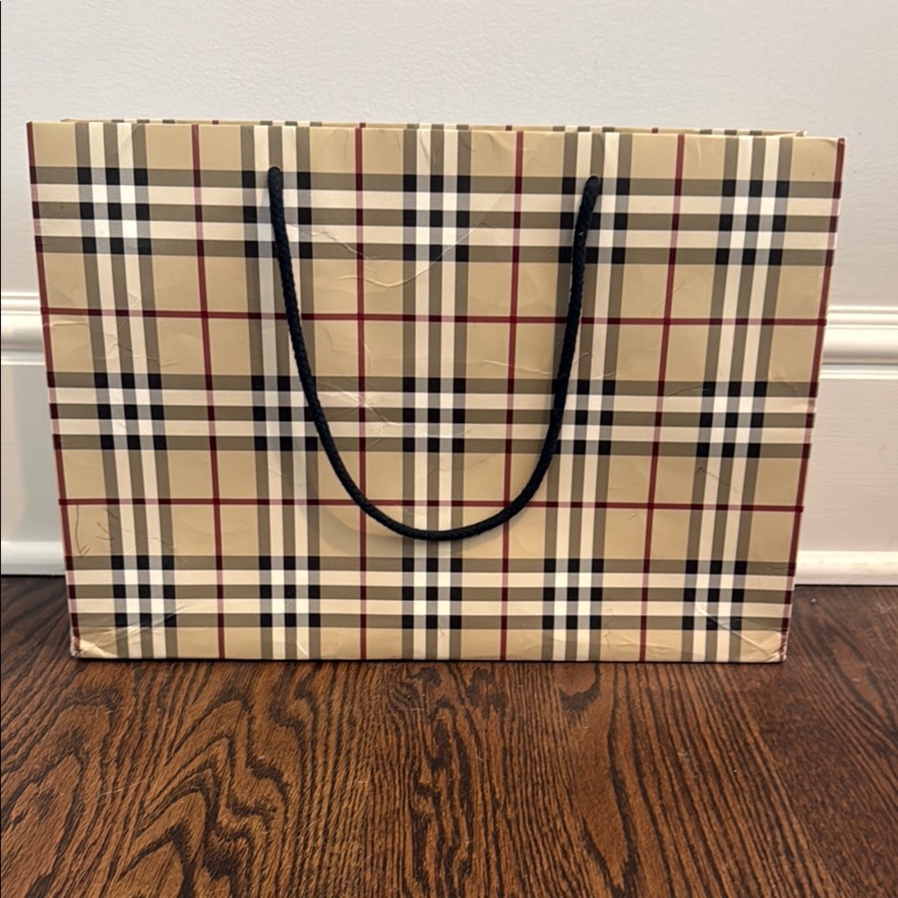 Burberry Beige and Black Checkered Shopping Tote